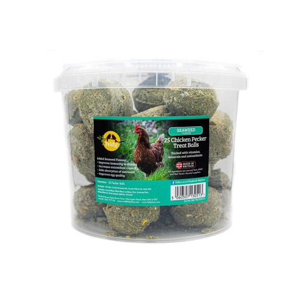 FELDY CHICKEN PECKER TREAT BALLS SEAWEED 25 BALL TUB For Sale